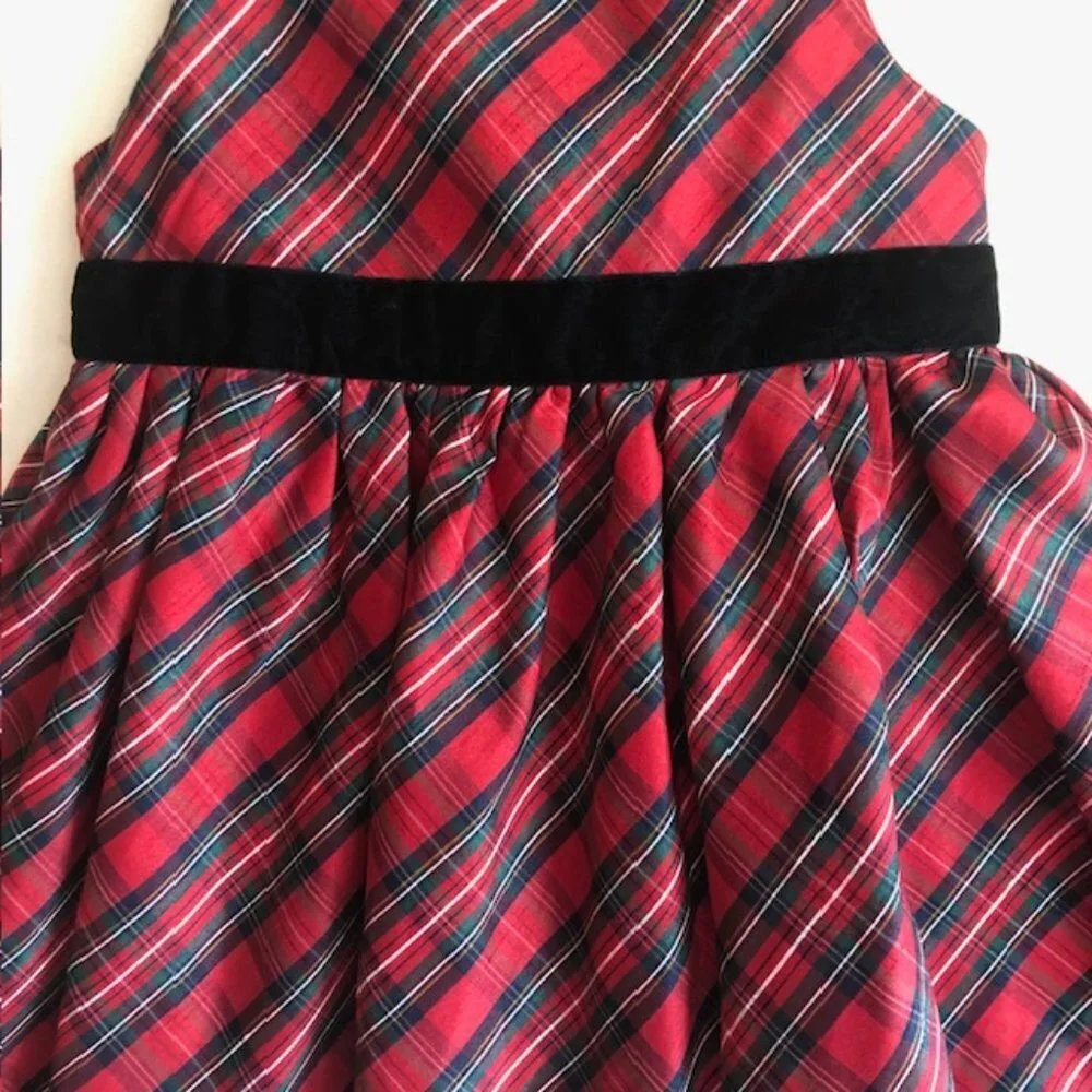 GYMBOREE Red Tartan Plaid Sleeveless Black Velvet Bow Dress 5T